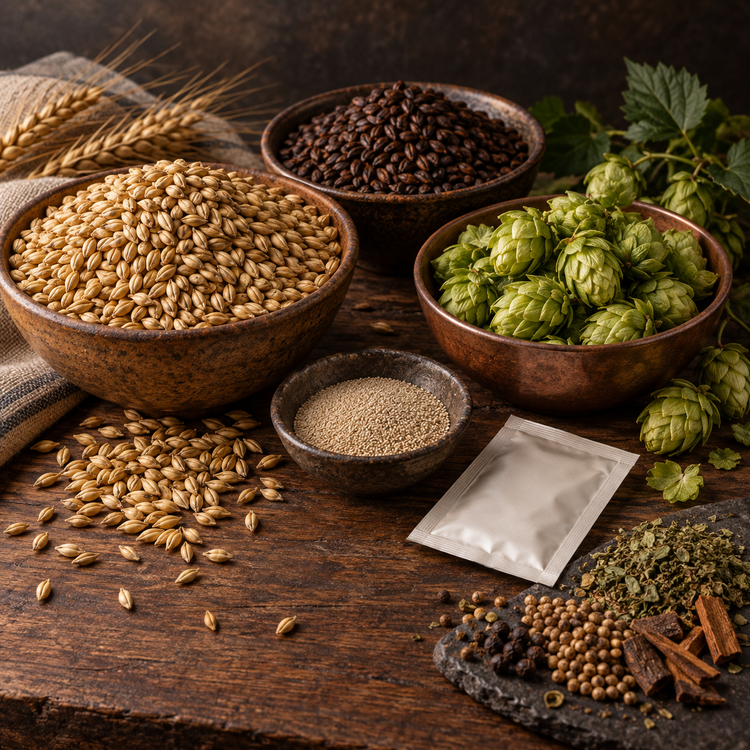 Homebrewing malts, hops, yeast, herbs, and spices arranged on a rustic work surface