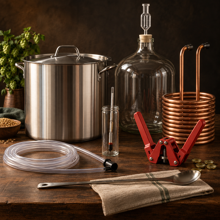 Homebrewing kettle, fermenter, copper chiller, siphon, hydrometer, capper, and brewing tools