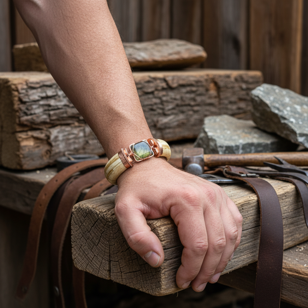 Rustic lifestyle shot of Green & Yellow Labradorite Bracelet on muscular man's wrist