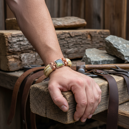 Rustic lifestyle shot of Green & Yellow Labradorite Bracelet on muscular man's wrist